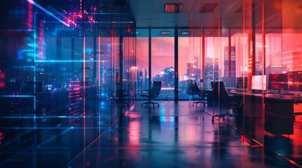 Cyberpunk office interior with overlay, corporate strategy, finance, ops, marketing, generative AI