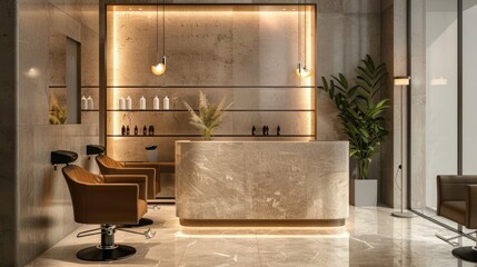 Luxury hairdressing and beauty salon, Beige modern barbershop interior with reception desk