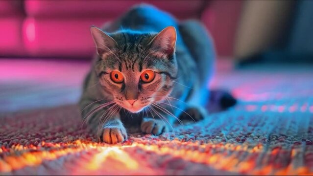 A cat is playing with a laser pointer on a carpet 4K motion