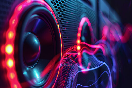 Sound speakers with neon lights and visible sound wave against black background, creating immersive audio visual experience