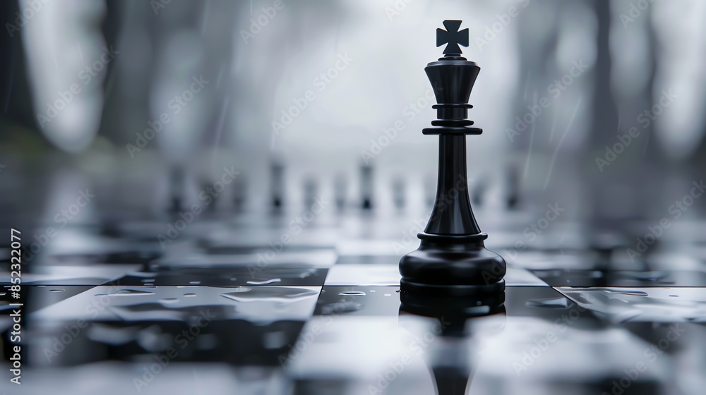 Poster 3d rendering of a chessboard with a black king in the center. the chessboard is made of black and wh