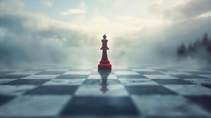 Lonely red chess king standing on a chessboard. Dark background with a spotlight on the king.