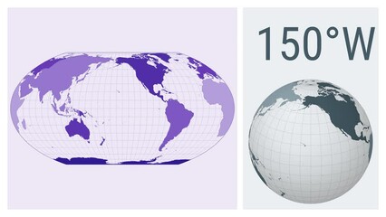 World Map Animation. Wagner IV projection. Colored continents style. Animated world map in Wagner IV projection. Loopable animation showing longitude shift and matching globe.