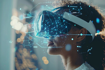 Woman wearing VR glasses, immersed in futuristic technology, representing potential of VR applications