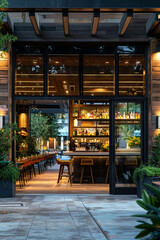 Panning shot of inviting restaurant facade, showcasing exterior design and ambiance