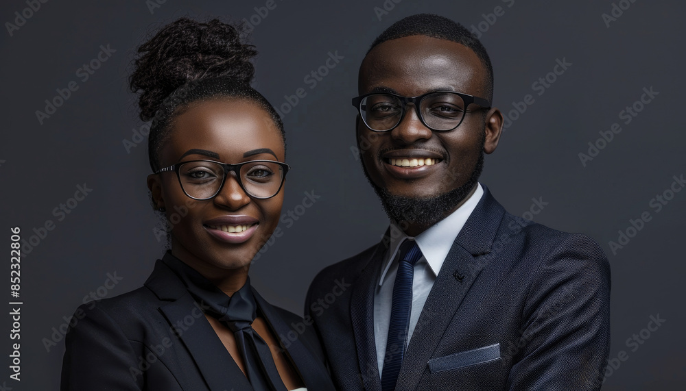 Wall mural A professional studio portrait of an African American businesswoman and her male entrepreneur boyfriend, dressed in modern attire and smiling at the camera