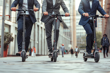 Obraz premium Businessmen in formal attire racing to workplace on electric scooters, symbolizing competition and success drive