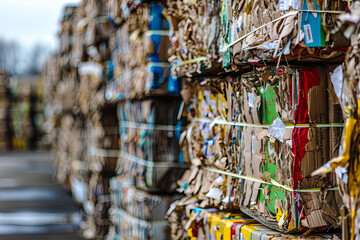 Stacks of cardboard bales ready for recycling, promoting sustainability and responsible waste management