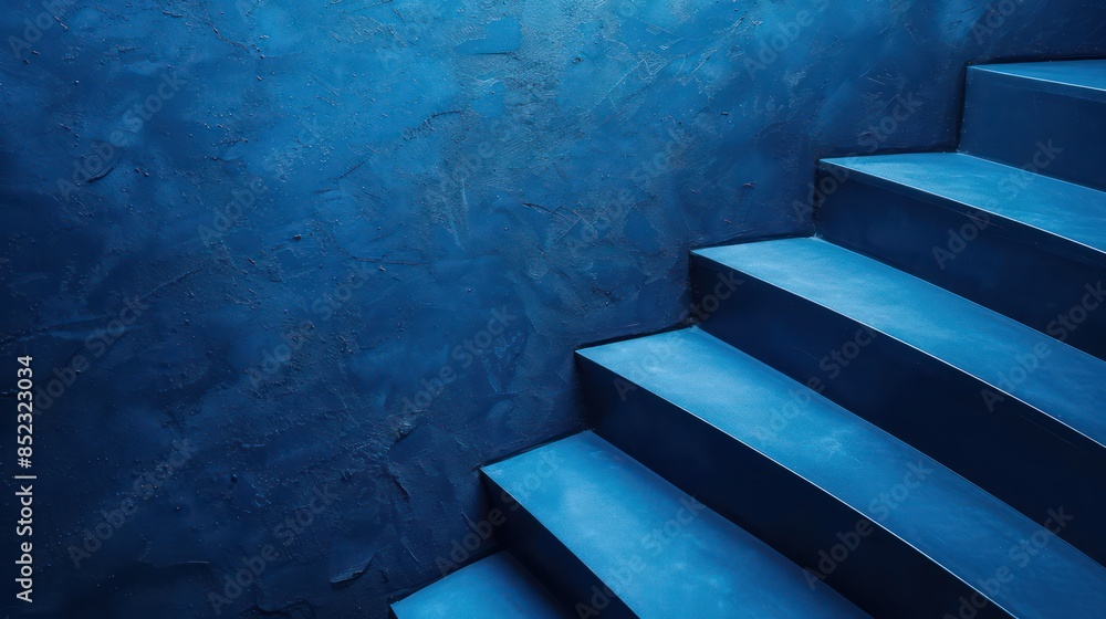 Poster an image depicting a close-up of a staircase with a textured blue surface, showing an emphasis on li