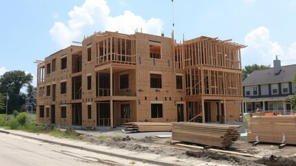Obraz premium A new multi-story apartment building in the early stages of construction with exposed wooden framing and materials