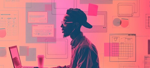 A young man wearing a backwards baseball cap is sitting in front of a computer He is looking at the screen and smiling He is wearing a t-shirt and jeans He has a coffee cup on the desk next to him