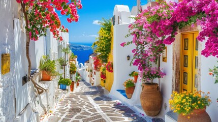 Picturesque Santorini street adorned with vibrant blooms