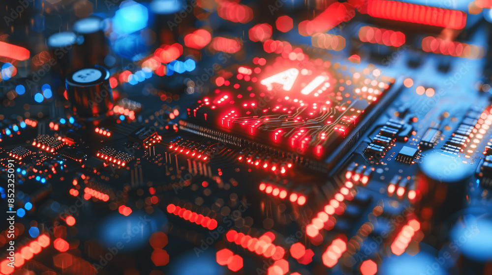 Poster artificial intelligence and ai technology concept processor chip or mother board background llms