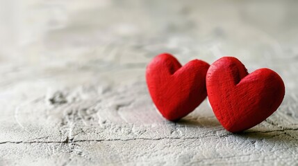 Fototapeta premium A pair of red wooden hearts leaning against each other on a white textured surface, symbolizing love and romance