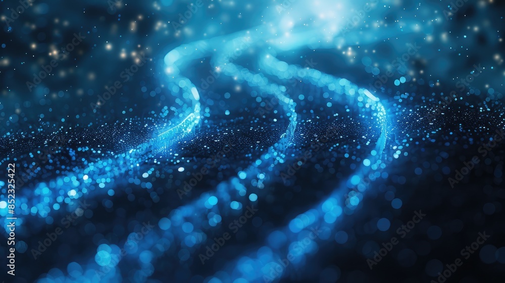 Poster abstract digital waves with blue glowing dots on a dark background. digital art of neon path way wit