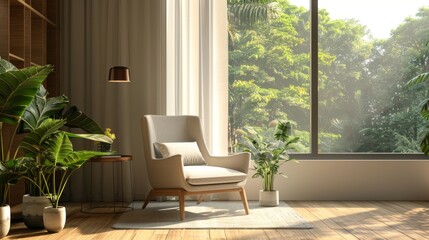 Fototapeta premium Relaxing corner with comfortable armchair, stylized with houseplants and a calming view of nature through a modern window.