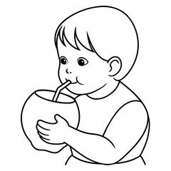 A baby drinking coconut water vector line art and silhouette illustration