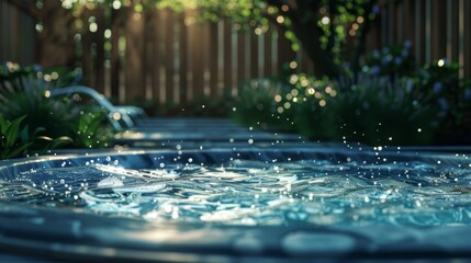 Steam rising from a bubbling hot tub in a scenic backyard, enhanced by generative AI.