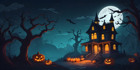 Halloween pumpkins, bats, a cemetery and a scary castle against the backdrop of a spooky big white moon. Festive flyer, poster or banner. Vector illustration