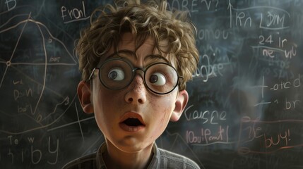 Surprised young boy wearing eyeglasses studies with blackboard in background.