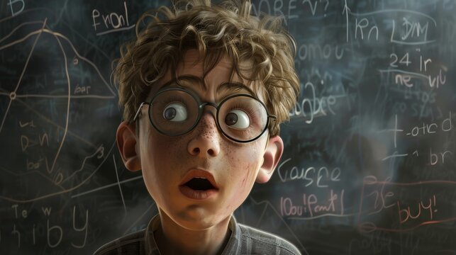Surprised young boy wearing eyeglasses studies with blackboard in background.
