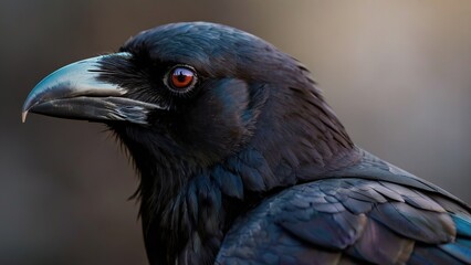 Close-up of a black raven's head, powerful beak, blurred background