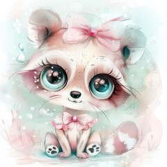 Cute watercolor drawing of a little raccoon with big eyes and a pink bow.