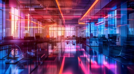 Fototapeta premium Urban futuristic office environment with neon lights and digital displays enhancing corporate strategies.
