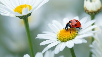 Vibrant ladybug perched on a pure white daisy amidst spring's bloom, capturing nature's minimalist beauty for design and decor.