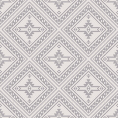 Monochrome grey aztec tile pattern. Vector aztec southwestern geometric square seamless pattern. African geometric peel and stick stencil wall. Native American pattern use for home decoration element.