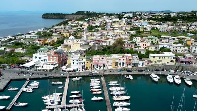 Aerial 4K footage of Marina Chiaiolella on the island of Procida, Italy