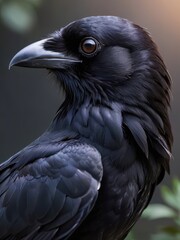 Close-up of a black raven's head, powerful beak, head turn, blurred background