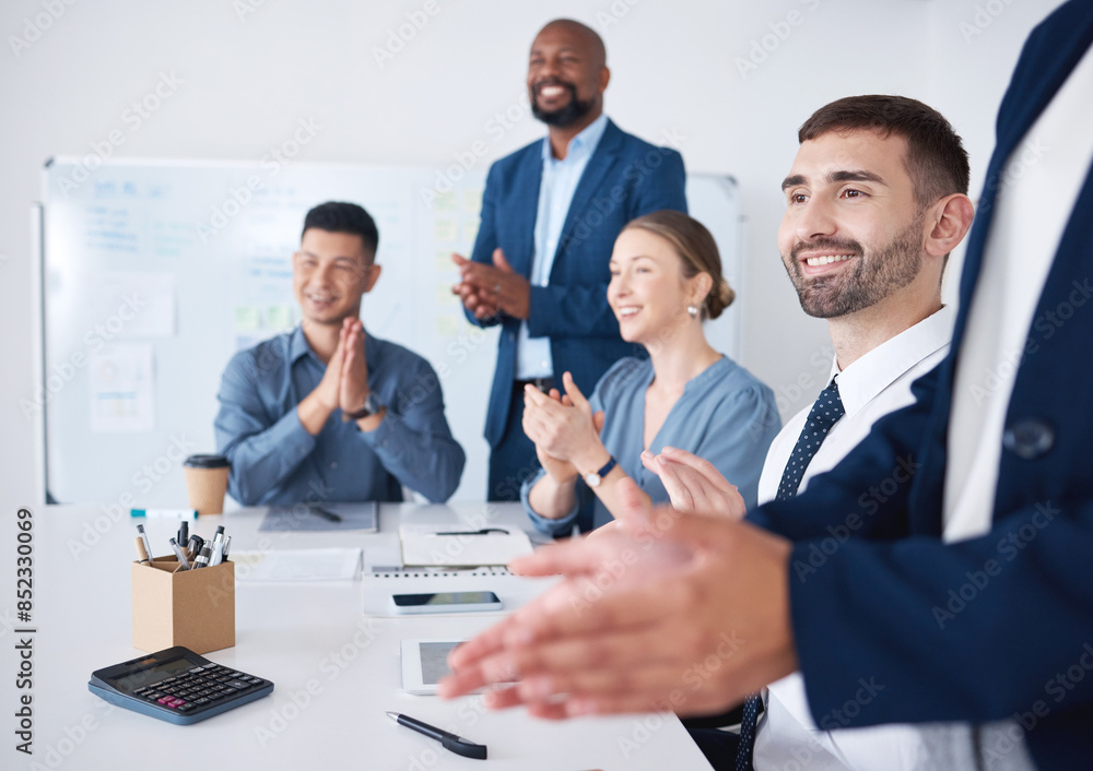 Canvas Prints Business people, group smile and clapping in office for presentation success with solidarity celebration and team achievement. Corporate staff, support and applause for goals target and winning award