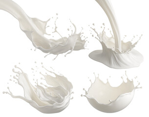 Set of Milk splash and pouring 3d illustration.
