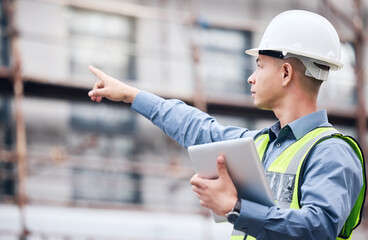 City, tablet and man architect pointing to construction site for real estate development with ppe safety. Engineer guy, tech app notification and show urban building for inspection and maintenance
