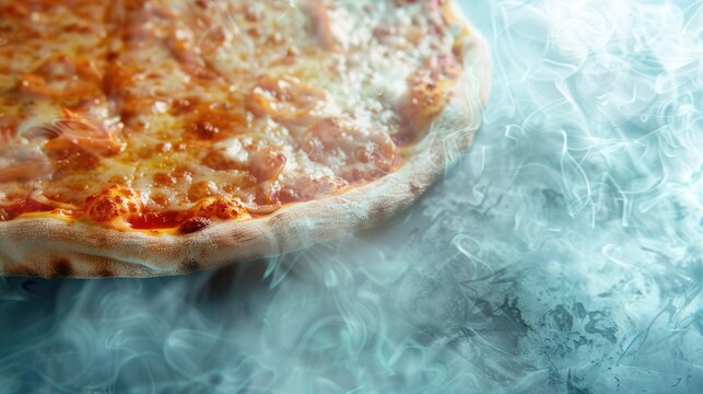 Blurry pizza in the background of a blue textured backdrop