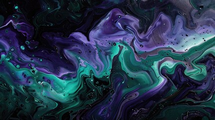 Acrylic liquid splash wave background design in shades of green purple and black
