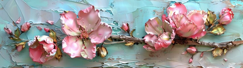 Textured surface with pink flowers and green leaves, light blue background in oil paint design.