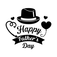 logo, elegant style with text "happy fathers day", a black vector logo of an old fashioned hat and pipe silhouette, hearts in the background, white background, simple design for tshirt, with bold lett