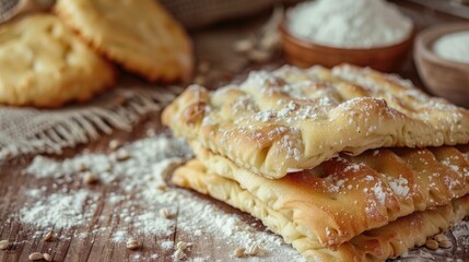 Close up of freshly fried bread with wheat flour on wooden table
