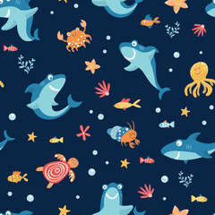 Seabed pattern with sharks, octopuses, turtles, fish and other marine elements. Children's style art.
