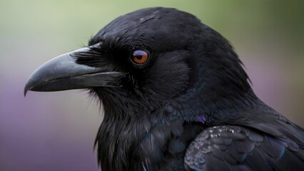 black raven, close-up head, blurred forest background