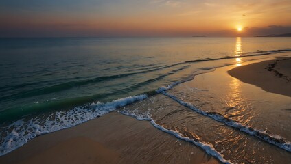 The serenity of a pristine beach at sunset, where the sky meets the sea in a harmonious blend of colors ai-generated