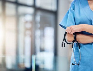 Medical, nurse and person in hospital with stethoscope, support and healthcare professional or...