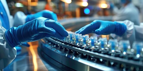 Gloved Hands Inspecting a Conveyor Belt of Test Tubes in a Laboratory