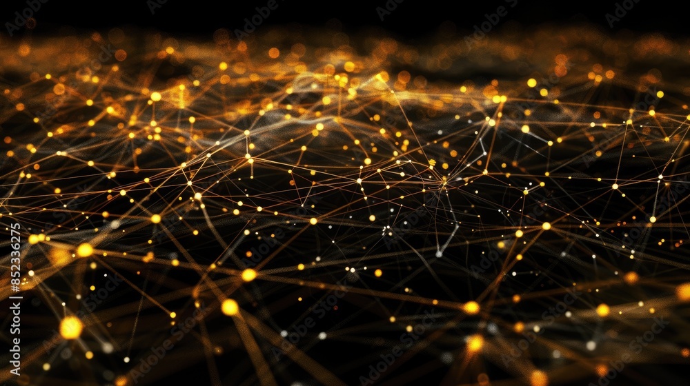Poster the image is a glowing network of orange dots and lines on a black background. it resembles a circui
