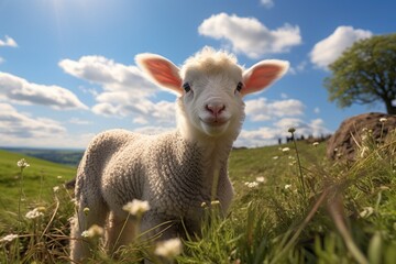 Obraz premium Small lambs and sheep graze in a meadow with fresh green grass.