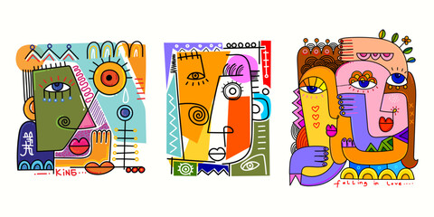 Set of abstract face portraits geometric, shapes, doodle , decorative hand drawn vector illustration wall art. Cubism male and female portrait aesthetic design for poster, cover, print and decoration.