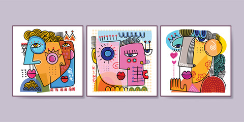 Set of abstract face portraits geometric, shapes, doodle , decorative hand drawn vector illustration wall art. Cubism male and female portrait aesthetic design for poster, cover, print and decoration.