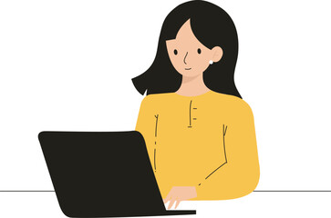 Woman typing on laptop flat design illustration isolated in white